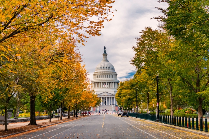 The United States Capitol building is clearly visible at the end of a city street lined with colorful autumn foliage in Washington, DC — one of the top cities people are moving out of.