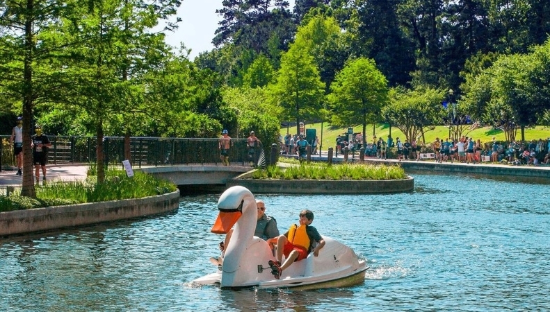 A father and son cruise around in a swan boat on a lake in The Woodlands, Texas — one of the best Houston suburbs.