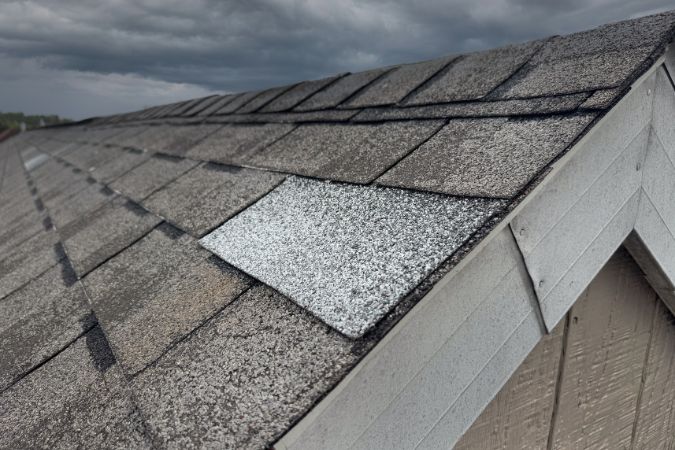 Loose and damaged roof shingles under storm clouds, showing how wind damage can affect a home’s roof.