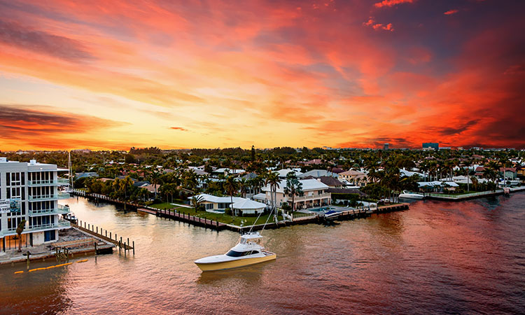 The residential waterways of Fort Lauderdale at sunset