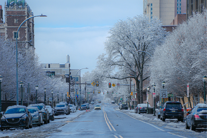A street view of Philadelphia, covered in a blanket of snow.