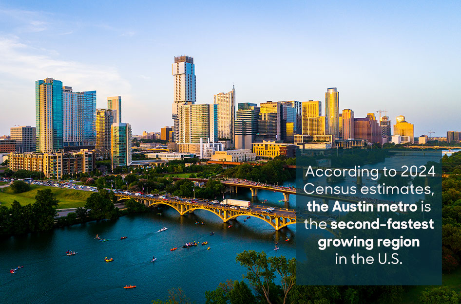 Aerial view of Austin, Texas, featuring several bridges spanning the Colorado River as kayakers paddle below. An overlaid text box reads, “According to 2024 Census estimates, the Austin metro is the second-fastest growing region in the U.S.”