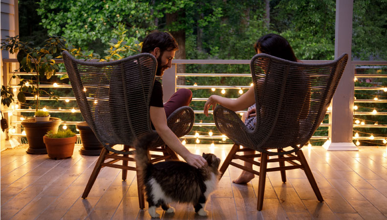A couple is sitting side-by-side in wicker chairs on their patio. There are hanging lights on the rails and their cat has come to visit.