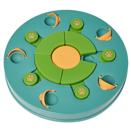 A colorful plastic dog-treat-dispensing puzzle with several buttons and pockets for treats to be hidden.