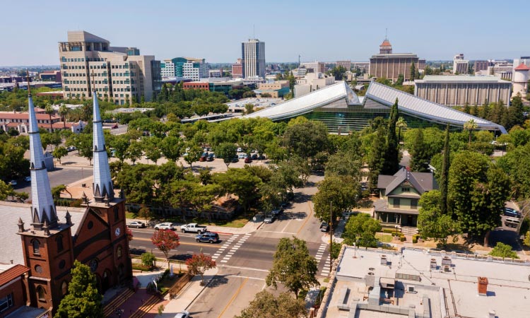 Aerial view of the historic Downtown District of Fresno, California, on a summer day. 