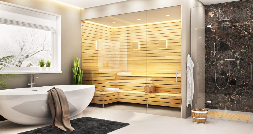A recently remodeled primary bathroom that now features a large soaker tub, a walk-in shower, and a home sauna.