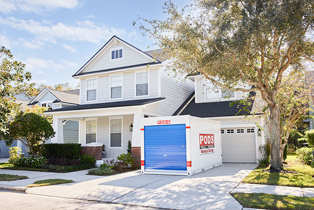 A PODS container in a driveway