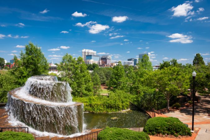 Finlay Park’s cascading fountain and green space in downtown Columbia, SC, a popular destination for families living in Columbia, SC.
