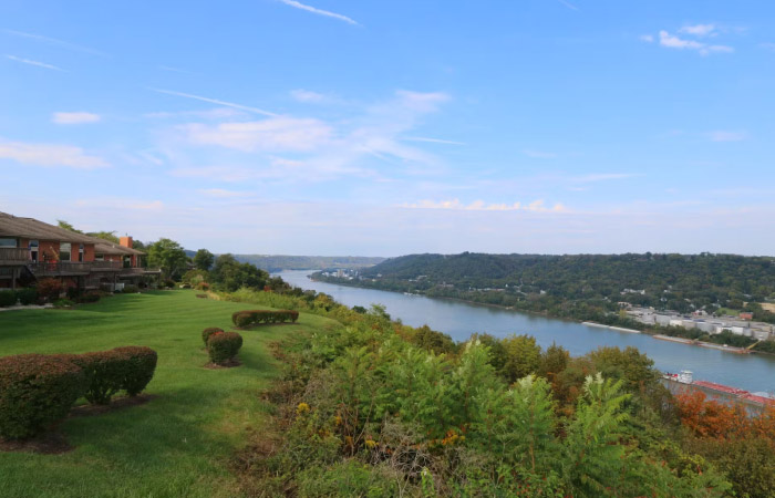 Elevated view of the Ohio River and surrounding communities, including the small town of Villa Hills, Kentucky.