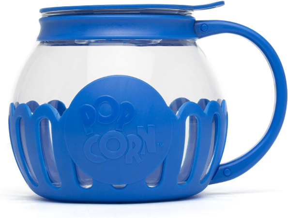 Blue and white popcorn maker shaped like a teapot with the word “POPCORN” molded into the blue plastic.