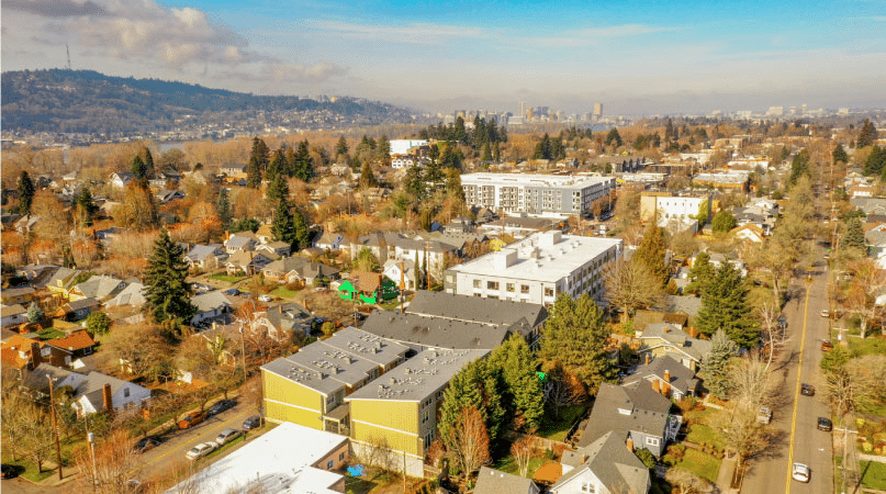 Aerial autumn view of the Sellwood-Moreland neighborhood in Portland, Oregon.