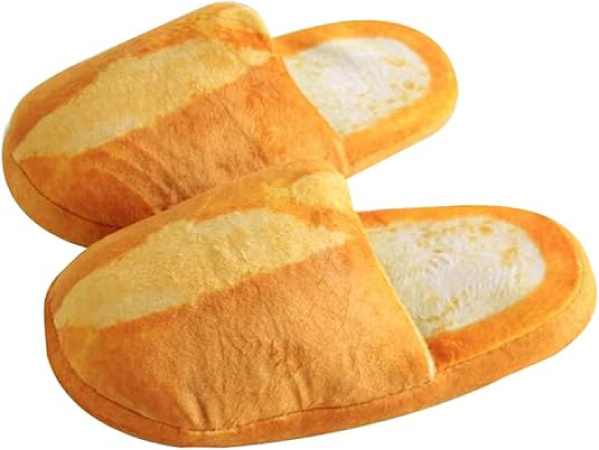 Adult slippers made to look like bread baguettes.