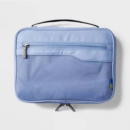 Image of a trendy blue bag for organizing tech accessories