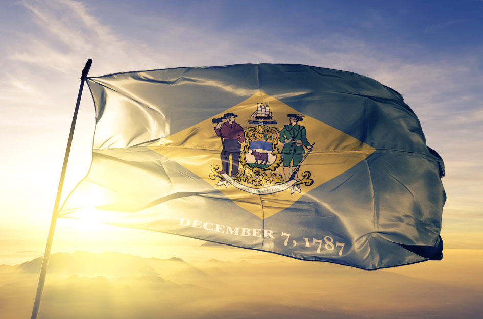 The state flag of Delaware is blowing in the win at the top of a simple flag pole.