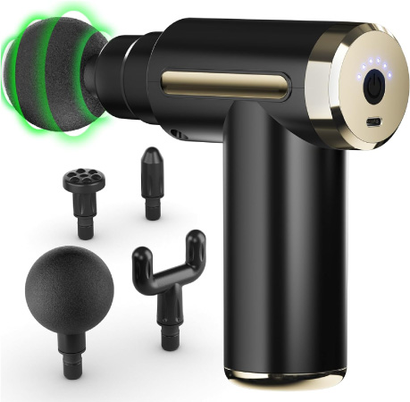Graphic of a massage gun and its various attachments and display screen