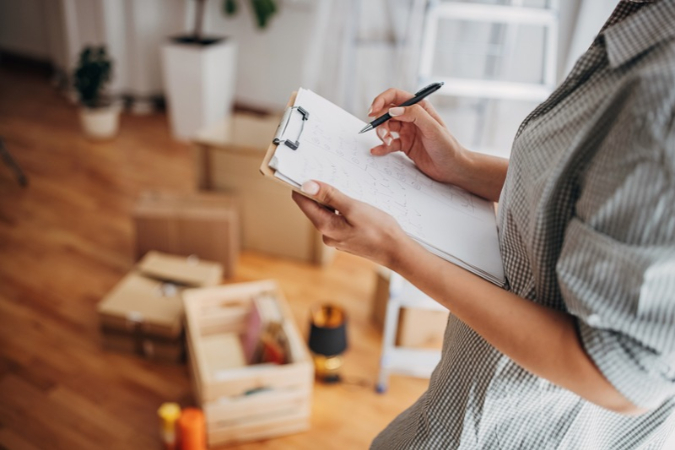 A woman is reviewing her house decluttering checklist as she stands beside a ladder and a few scattered boxes.