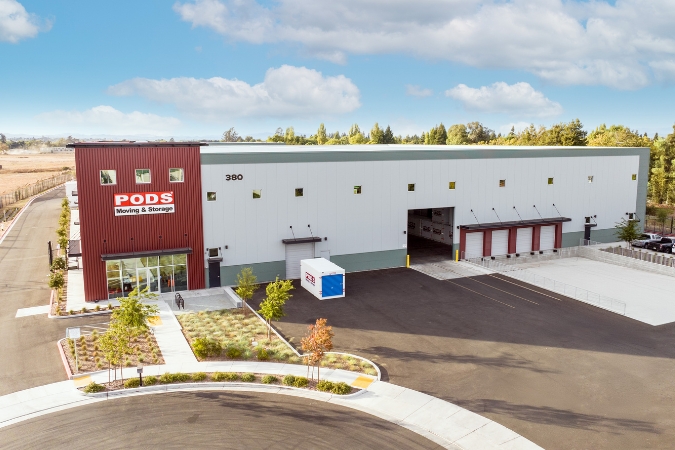 An aerial view of a PODS Storage Center with plenty of storage space for container moving and storage customers.