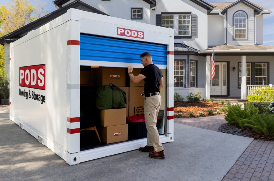 A military serviceman is closing the door on his loaded PODS portable moving container as he prepares to PCS with PODS’ flexible moving services for military families.