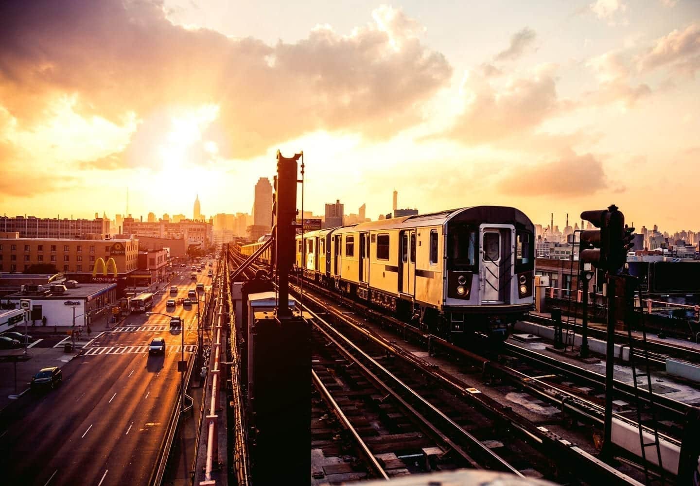 A view of the railways in Queens, New York at sunset