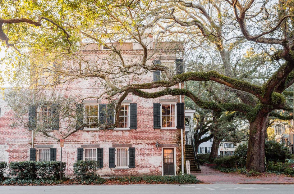 A historic brick building in Savannah, Georgia, with a mature tree growing beside it.