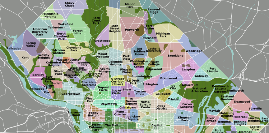 A Washington, DC, neighborhoods map showing the numerous city neighborhoods and parks.