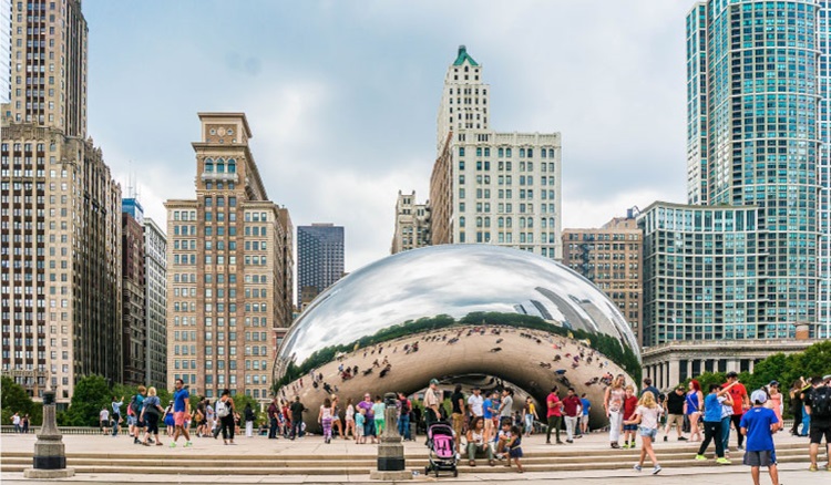 The Loop neighborhood of downtown Chicago is home to “The Bean,” a large, mirrored sculpture that is popular among locals and tourists.