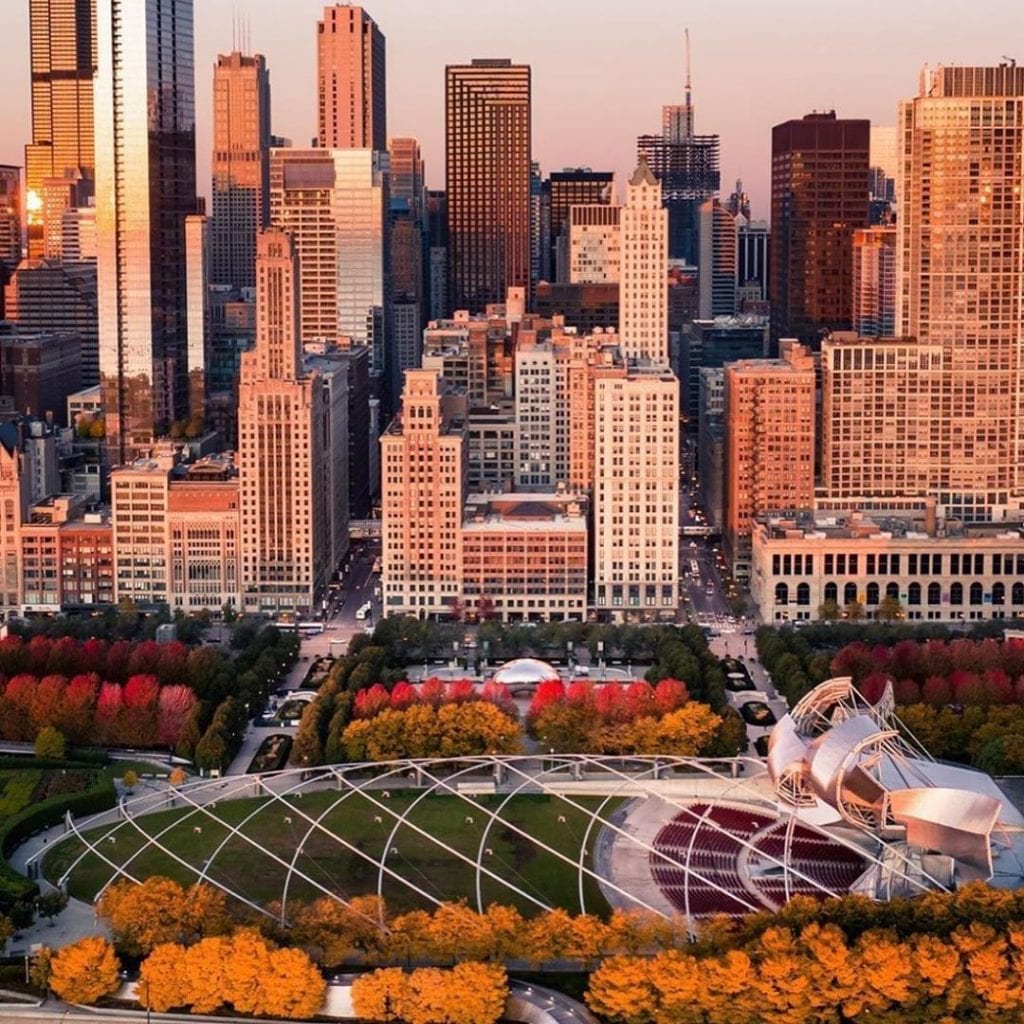 A sunset photo of downtown Chicago seen from the Loop.