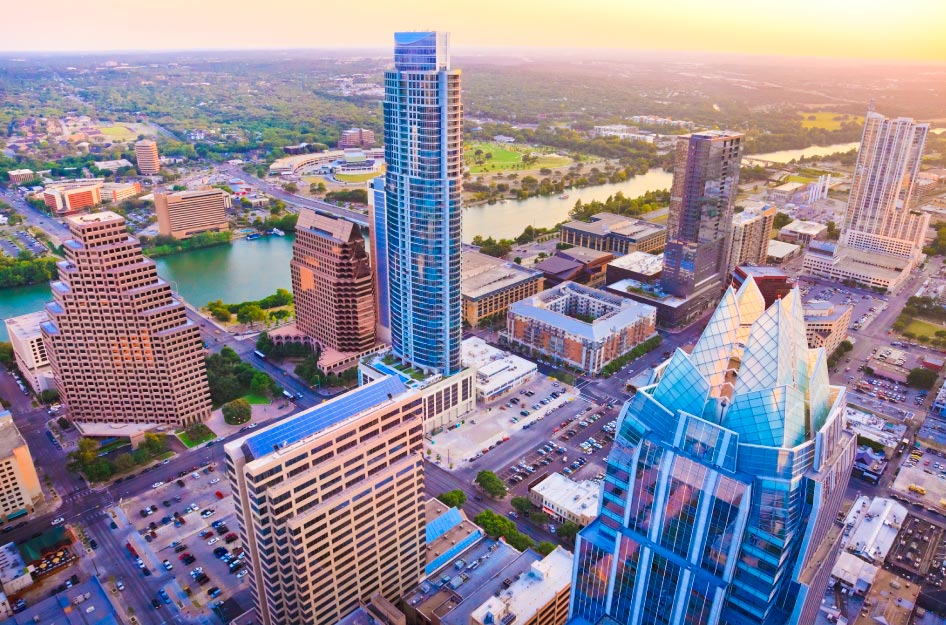 Aerial view of Austin, Texas, skyscrapers and the Colorado River