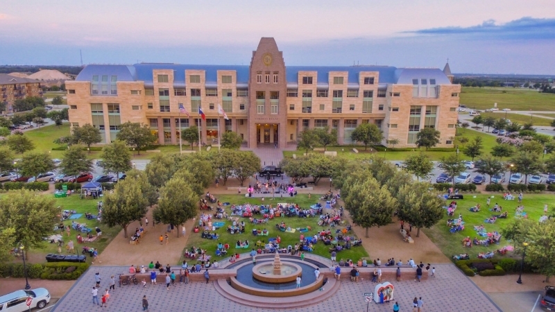 Aerial view of Frisco Square in Frisco, Texas, as dozens of locals have gathered to enjoy the pleasant weather.