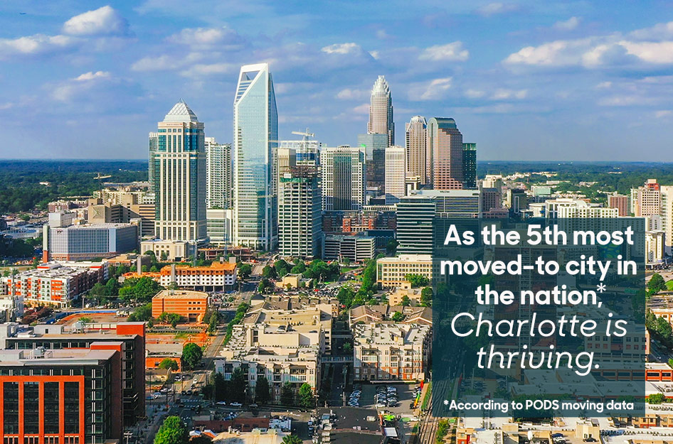 Aerial view of Charlotte, North Carolina, on a sunny day. There’s a blue box with white text overlay that reads, “As the 5th most moved-to city in the nation,* Charlotte is thriving. *According to PODS moving data”