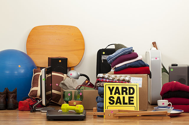 A collection of items to be sold in a garage or yard sale