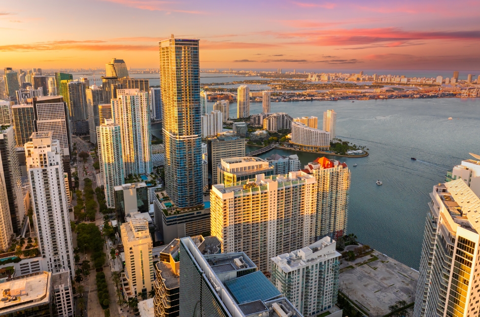 Aerial sunset view of downtown’s dense high-rise buildings, where portable storage containers in Miami can help residents short on space.