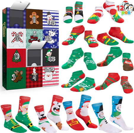 An image showing a Christmas sock advent calendar and 12 pairs of Christmas socks