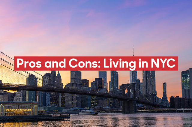 Manhattan skyline at sunset. Overlaid text reads “Pros and Cons: Living in NYC”