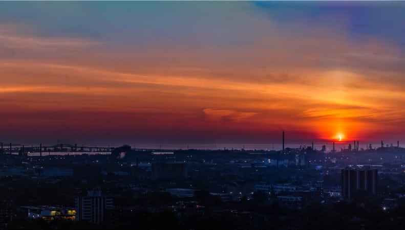 A solar eclipse over Hamilton, Ontario, in the early morning.