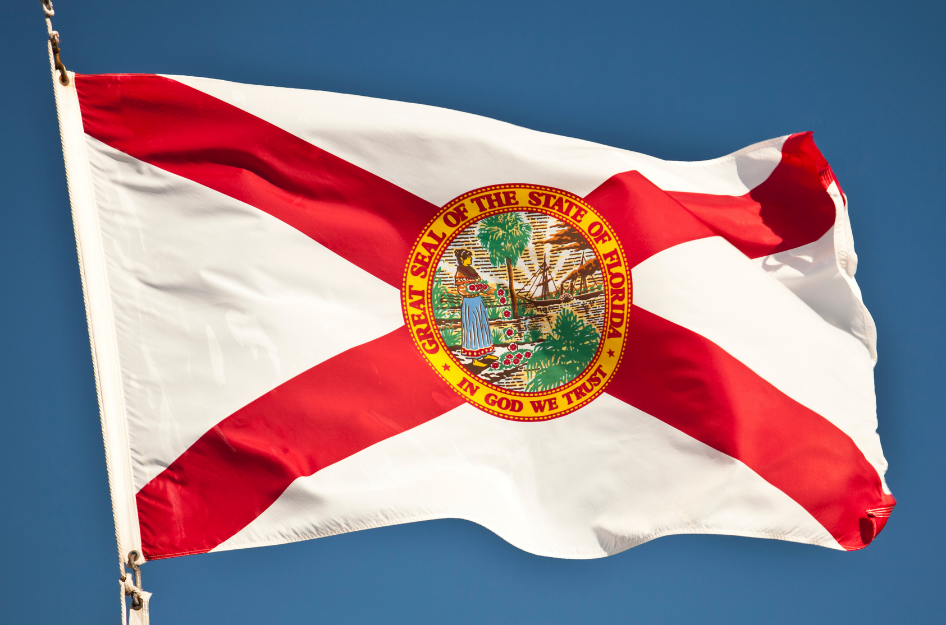 The Florida state flag is waving at the top of a flagpole against the background of a clear blue sky.