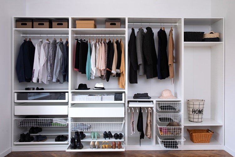 closet organizer ideas include installing drawers and shelving to create a space for every item of clothing to be kept