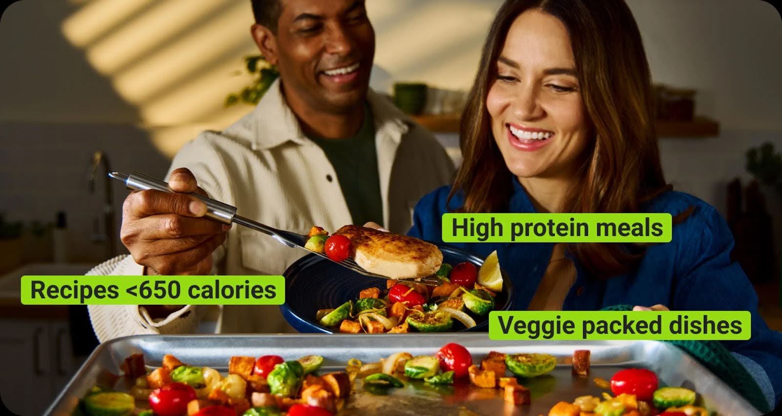 A couple prepares a meal delivery service dinner, a practical last-minute Christmas gift for busy households.