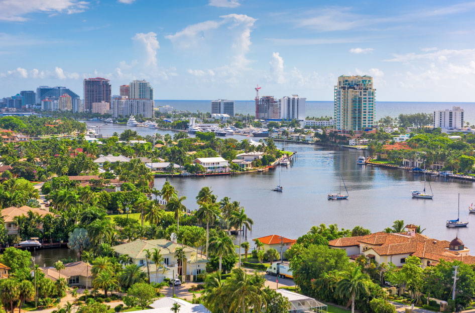 Aerial view of waterfront neighborhoods in Fort Lauderdale, Florida.