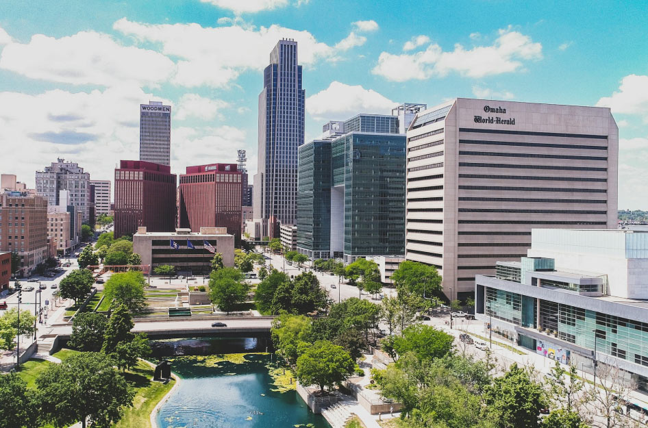 Rooftop view of Gene Leahy Mall in Omaha, Nebraska, on a sunny day.