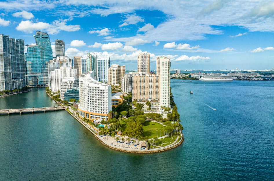Aerial view of Brickell Key, part of Brickell — one of the safest neighborhoods in Miami.