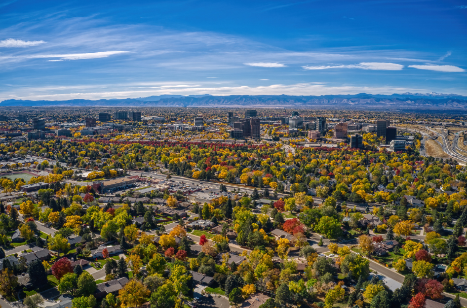 An aerial view of Aurora, CO during the day.