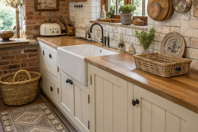 A throwback kitchen remodel with a large ceramic sink, hardwood countertops, raw wall tiles, and vintage appliances