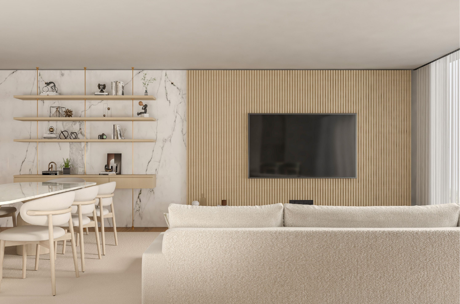 A modern living room that has been staged for a viewing on an affordable budget.