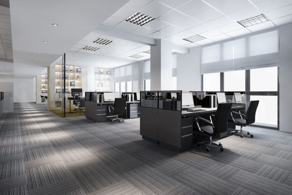 Visual showing empty work space of an open office design