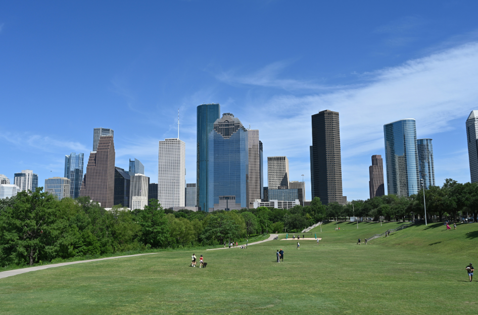 A view of the Houston, TX skyline from a lush green park.