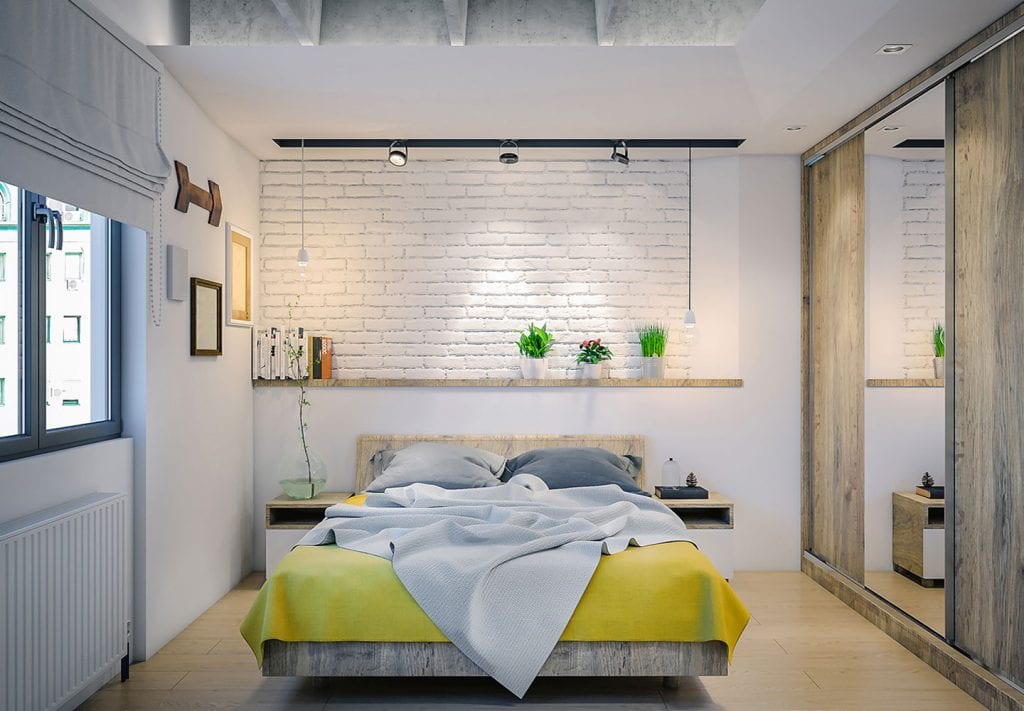 A white-walled room with accents of green, yellow, and wood, creating a neutral, fresh look