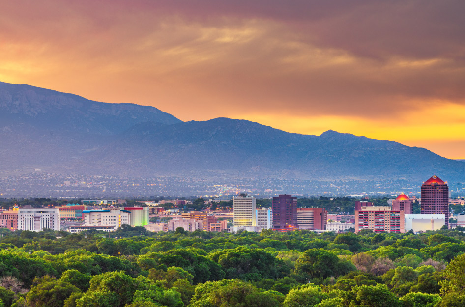 The Albuquerque, New Mexico, skyline at sunset.