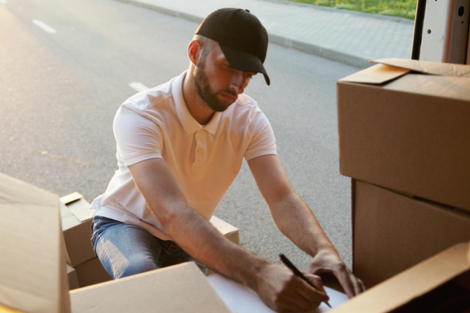 A mover takes inventory of the items in his truck as he gets ready to move furniture across the country.