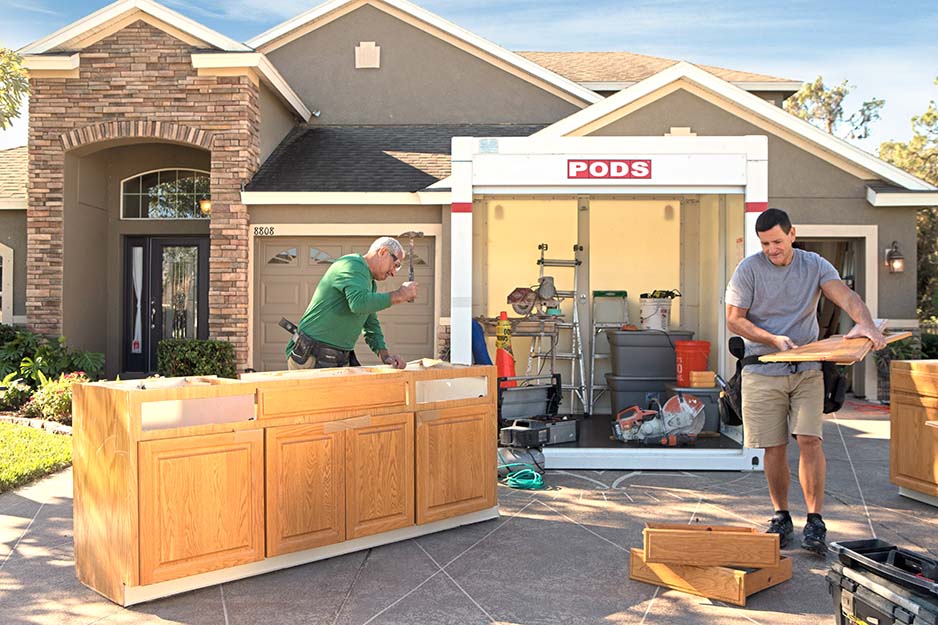 A PODS container being used for remodeling kitchen cabinets
